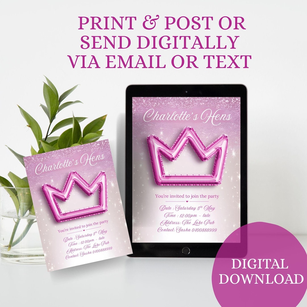 Pink Glitter Crown Hens Party Invitation • Editable Canva Template