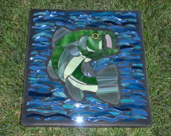 Stained Glass Garden Stone Mosaic Stepping Stone Bass Fish Paver Lawn Decor Garden Patio Stained Glass OOAK