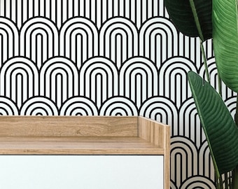 Papier peint à motifs en arc de cercle : art déco noir et blanc, autocollant