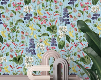 Papier peint aquarelle fleurs des champs : bleu clair amovible