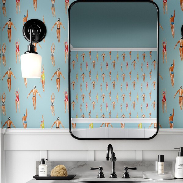 Swimmers Wallpaper by Wallency - Watercolor Beach Retro Watercolor Wallpaper - Removable and Washable - Peel & Stick or Regular Material