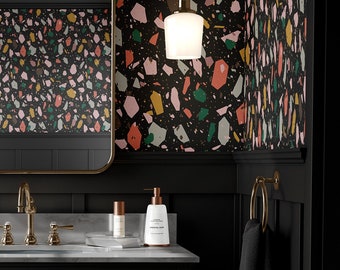 Papel pintado de terrazo multicolor oscuro: piedra bohemia, extraíble y lavable