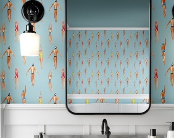 Swimmers Wallpaper by Wallency - Watercolor Beach Retro Watercolor Wallpaper - Removable and Washable - Peel & Stick or Regular Material