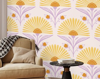 Papier peint floral Art déco : palmiers géants, lavande Art nouveau, amovible