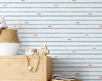 Watercolor Blue Stripes and Fish Wallpaper -  Beach Wall Decor for Kids Bedroom - Removable and Washable - Peel & Stick or Regular Material