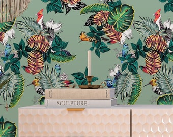 Watercolor Birds and Leaves Wallpaper / Tropical Woodpecker Wallpaper / Removable and Washable Wallpaper / Peel & Stick or Regular Material