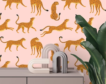 Papier peint rose à imprimé léopard : mur d'accent jungle amovible