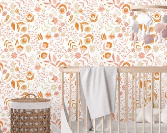 Boho Peach Floral Wallpaper: Removable Wildflower Botanical Mural