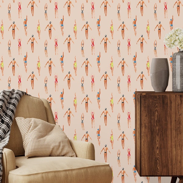 Swimmers Wallpaper by Wallency - Watercolor Beach Retro Wallpaper in Beige - Removable and Washable - Peel & Stick or Regular Material