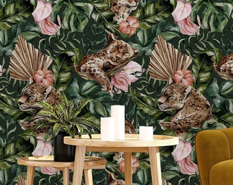 Watercolor Leopard Wallpaper: Tropical Palm Leaf Pattern, Removable Peel & Stick