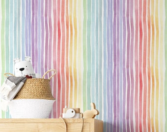 Rainbow Stripe Wallpaper by Wallency - Watercolor Vertical Lines Colorful Pattern - Removable & Washable - Peel 'n Stick or Regular Material