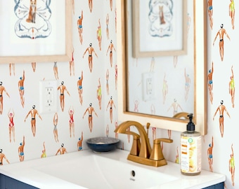 Papier peint nageurs rétro : décoration murale amovible aquarelle de plage