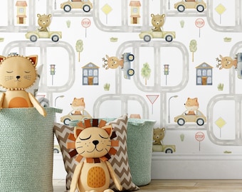 Cars and Woodland Animals Wallpaper – Removable Nursery Decor
