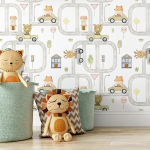 Papel de parede de carros - lindos animais e veículos da floresta em aquarela Papel de parede para quarto de meninos, removível e lavável, removível e colante ou material normal