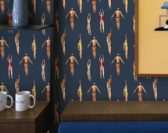 Papier peint nageurs rétro : papier peint de plage nautique