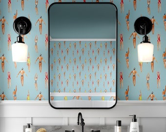 Schwimmer Tapete: Retro Aquarell Strand entfernbare Tapete