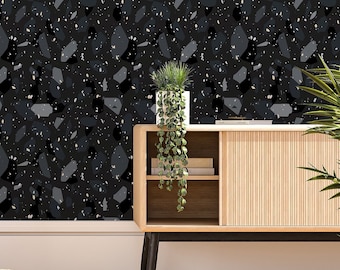 Papel pintado de terrazo negro: diseño de piedra bohemia, papel pintado extraíble
