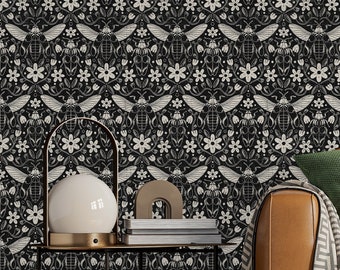 Beetles and Daisies Wallpaper: Dark Academia Peel & Stick Decor