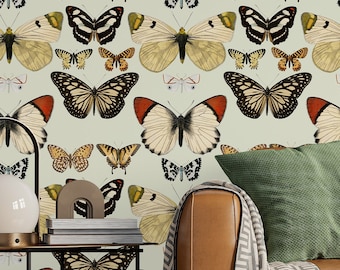 Papier peint papillon vintage par Wallency - papier peint motif papillon beige - amovible et lavable - autocollant ou matériau normal