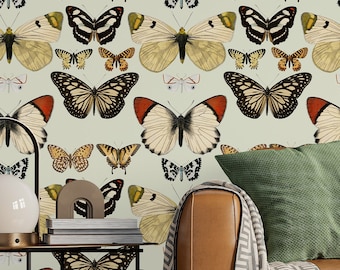 Vintage vlinderbehang: beige botanisch patroon, verwijderbare peel & stick
