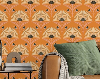 Papier peint floral art déco orange : autocollant amovible