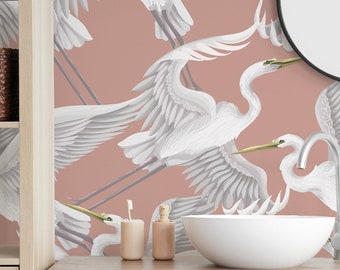 Rose Gold Cranes Wallpaper - Japanese Heron Chinoiserie Wallpaper, Asian Wallpaper, Removable and Washable, Peel & Stick or Regular Material