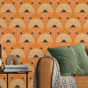 Orange Tapete im Art Deco Stil - Jumbo Palmen Muster, Florale Jugendstil Tapete - abnehmbar und Waschbar - Peel & Stick oder Regular Material