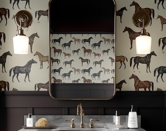 Papier peint chevaux vintage : décoration murale amovible marron clair