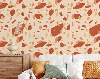 Papel pintado de terrazo: diseño bohemio de terracota, extraíble y lavable.