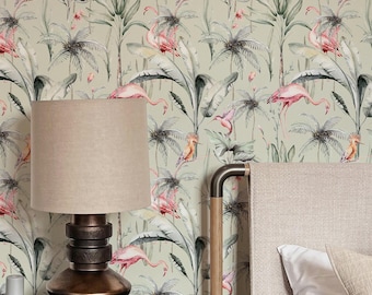 Papel pintado de flamencos en acuarela / Hojas tropicales, autoadhesivo