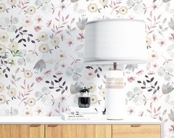 Watercolor Flowers and Leaves Wallpaper - Vintage Floral Scandinavian Wallpaper - Removable and Washable - Peel & Stick or Regular Material