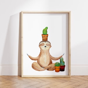 Meditating Sloth and Cactus Poster by Wallency | Kids Wall Art | Nursery Wall Art | Nordic Wall Decor | Scandinabian Decor | Unframed Poster