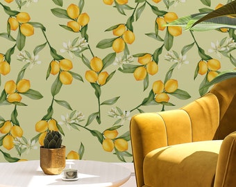 Lemon Pattern Wallpaper / Watercolor Lemons and Leaves Wallpaper / Removable and Washable Wallpaper / Peel & Stick or Regular Material