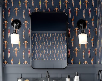 Papier peint nageurs rétro : décoration murale amovible aquarelle de plage