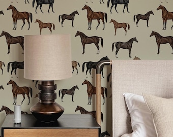 Papier peint chevaux vintage : décoration murale amovible marron clair