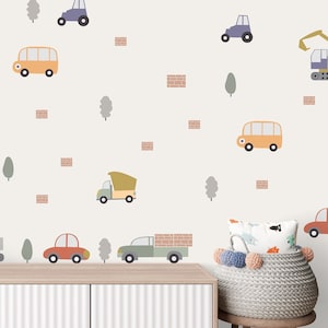 Car and Construction Truck Wall Decals - Fabric Wall Decals - Kids Room Decal, Nursery Wall Decor, Reusable and Removable Wall Stickers