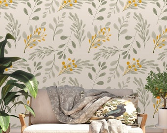 Watercolor Leaf Pattern Wallpaper / Green and Yellow Leaves Pattern / Removable and Washable Wallpaper / Peel & Stick or Regular Material