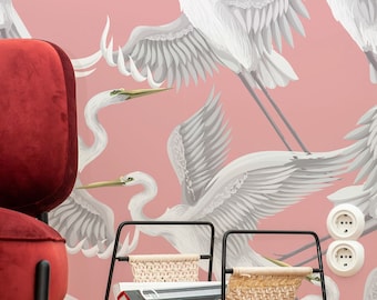 Papier peint Chinoiserie Héron rose - Décoration tropicale japonaise