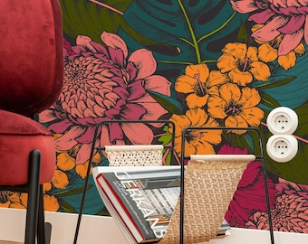 Papier peint fleurs tropicales : dessiné à la main, amovible et adhésif