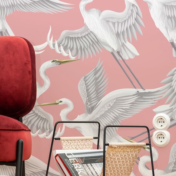 Pink Cranes Wallpaper -  Japanese Heron Chinoiserie Wallpaper, Tropical Wallpaper, Removable and Washable, Peel & Stick or Regular Material