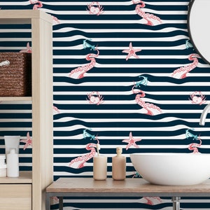 Octopus Tentacles Wallpaper: Nautical Blue Stripes, Removable Wallpaper