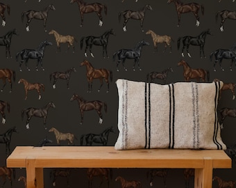Papier peint chevaux vintage : papier peint amovible amovible gris moyen, décoration murale équestre