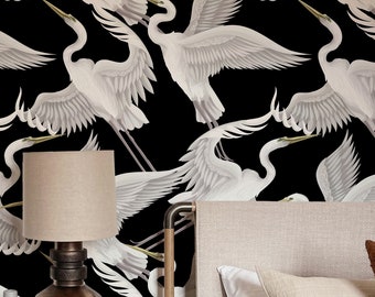 Black Cranes Wallpaper - Japanese Heron Chinoiserie Wallpaper, Tropical Wallpaper, Removable and Washable, Peel & Stick or Regular Material