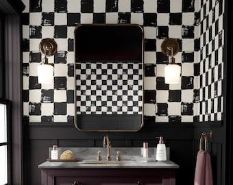 Papel pintado de tablero de ajedrez: decoración de pared extraíble en blanco y negro