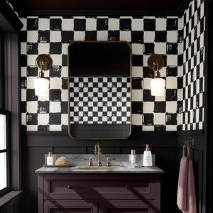 Painted Chessboard Wallpaper by Wallency / Black and White Wonderland Wallpaper / Removable and Washable / Peel & Stick or Regular Material