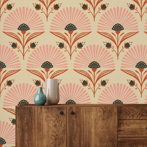 Beige Art Deco Wallpaper - Jumbo Palms Pattern, Floral Art Nouveau Wallpaper - Removable and Washable - Peel & Stick or Regular Material