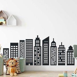 City Wall Decal for Kids - Fabric Wall Decal, Geometric City Skyline, Superhero Themed City Kids Room Decor, Peel and Stick, Removable, Safe