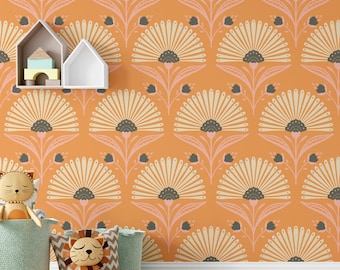 Papier peint orange art déco : Jumbo Palm Floral, papier peint amovible