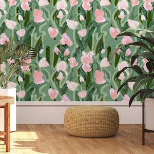 Watercolor Flowers Wallpaper by Wallency - Oil Painting Tulips Leaves Wallpaper - Removable and Washable - Peel & Stick or Regular Material