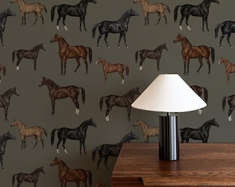 Papier peint chevaux vintage : papier peint amovible vert grisâtre, décoration murale équestre